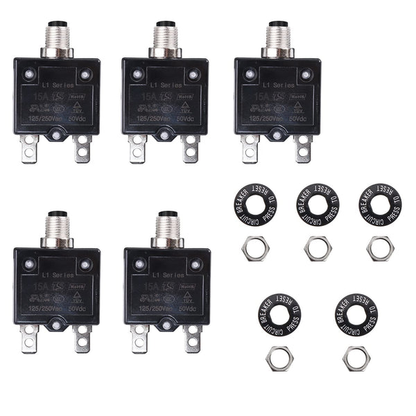 15A 125-250V AC, 50V DC Push Button Circuit Breaker, L1 Series, Manual Reset, Thermal, 5 Pack