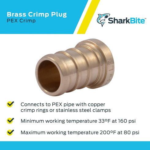SharkBite 1/2 Inch Crimp Plug, Pack of 5, Brass Plumbing Fitting for PEX Pipe