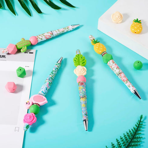 Beadthoven 12pcs DIY Beadable Pens with Hawaiian Flower Plastic Beads and Assorted Tropical Summer Beads for Office