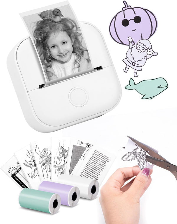Memoking Mini Portable Sticker Printer - T02 Pocket Printer with 3 Rolls Paper, Bluetooth Picture Receipt Printers for