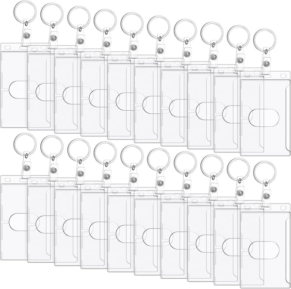 Hard Plastic Card ID Badge Holder with Keyring, Heavy Duty Clear Card Holder, Secure Credit Card ID Holder Keychain (20