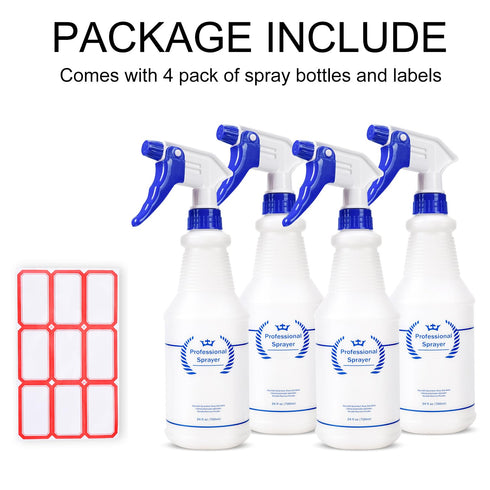 Plastic Spray Bottles 4 Pack, 24 Oz Heavy Duty Sprayers for Cleaning Solutions with Adjustable Nozzle, Blue
