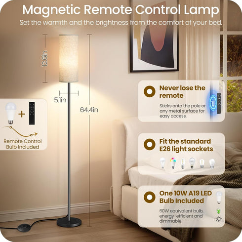 64.4 Dimmable 10W 900LM Bulb 3000K-6500K, E06LD05W1 Floor Lamp for Living Room with Remote and Foot Switch, Modern