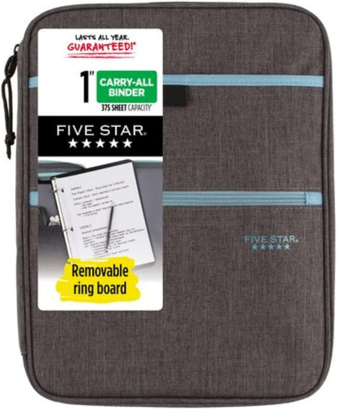 Five Star Zipper Binder, 1 Inch 3-Ring Binder with Pockets and 4-Tab Dividers, 375 Sheet Capacity, Gray/Mint