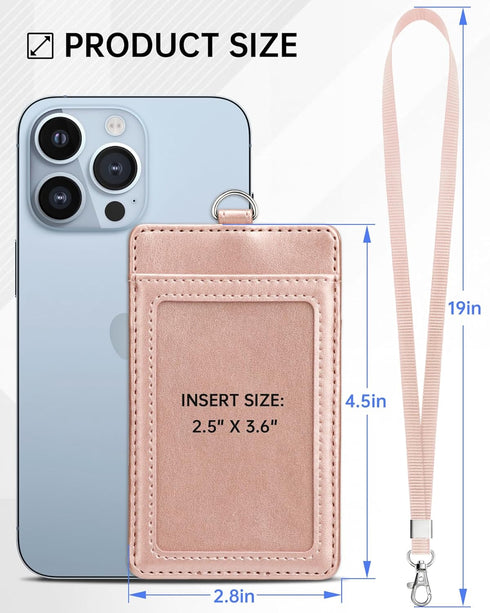 Teskyer Leather ID Badge Holder for Work School IDs, Cruise Ship Cards, Hotel Key Cards - Rose Gold Lanyards