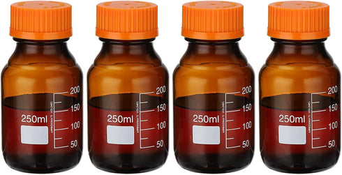 PATIKIL 4 Pack 250ml Borosilicate Glass Round Reagent Media Storage Bottles with Orange GL32 Screw Cap, Amber