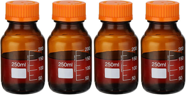 PATIKIL 4 Pack 250ml Borosilicate Glass Round Reagent Media Storage Bottles with Orange GL32 Screw Cap, Amber