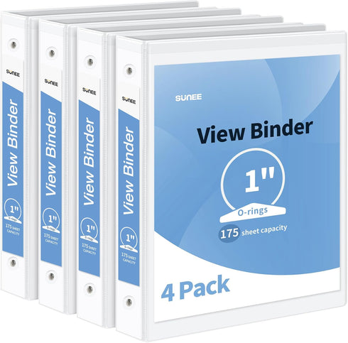 SUNEE 3 Ring Binder (White) - 1 Inch 4 Pack, Clear View Binder Three Ring PVC-Free (Fit 8.5x11 Inches) for School or