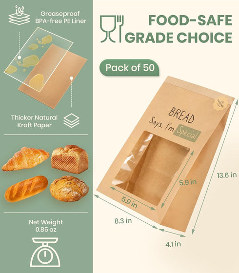 50PCS 2X Packaging 13.6x8.3x4.1in Thicker Brown Paper Bread Bags with Tabs | Kraft Homemade Sourdough Round Loaf