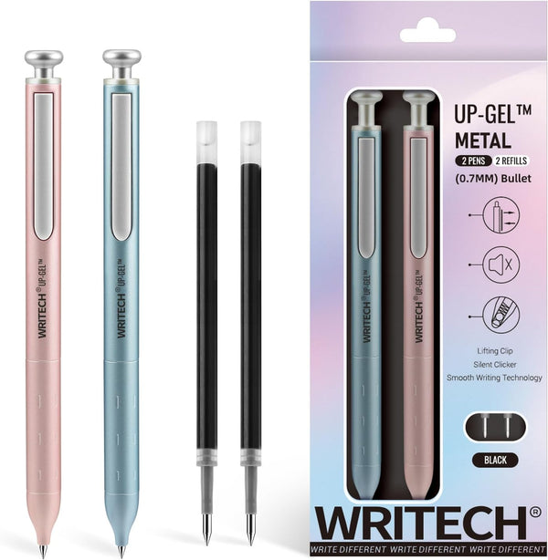 WRITECH Gel Pens Fine Point, Premium Metal Barrel Retractable 0.7mm Black Ink Pen 2ct with 2 Refills for Smooth Writing