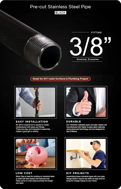 3/8 Inch Black Threaded Three Eight Inch Steel Nipple Pipe, 3/8" x 24", 5 Pack by Supply Giant