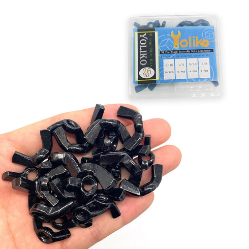 Yoliko 26 4 3/16",1/4",5/16",3/8" Pcs Sizes Wingnuts, Quality Carbon Steel Wing Nuts Black Zinc Plated Fasteners Parts
