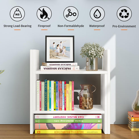 5-Shelf JLD Wood Adjustable Desktop Bookshelf, Expandable Office Storage Rack, White