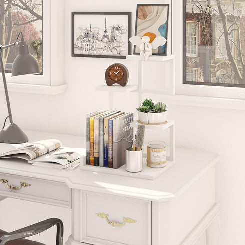 YMYNY Desktop Shelf Organizer, 4 Tier Storage Display Rack, Small Bookshelf with Metal Frame, White