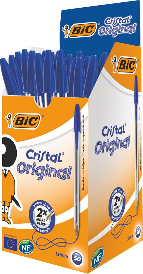Bic Cristal Original Ballpoint Pens, Medium Point (1.0 mm), Blue, Box of 50 Every-Day Writing Pens with Clear Barrel