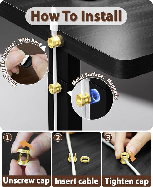 Viaky Desk(3 Pack) Magnetic Cord Holder,Gold Magnetic Cable Clip,Metal Cord Holder for Nightstand,Magnetic Cable