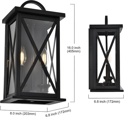 2 Packs 2-Light MELUCEE Outdoor Wall Lantern Exterior Light Fixtures Wall Mount in Black Finish Waterproof Wall Sconce