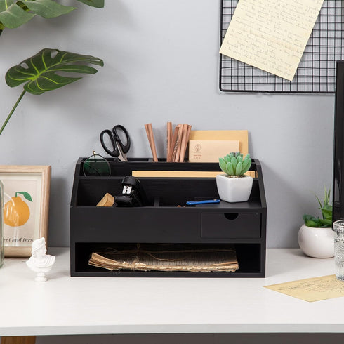 Wood Desk Drawer Organizers with File Organizer and Pen Holder, Black Office Decor Combo for Desk Organization