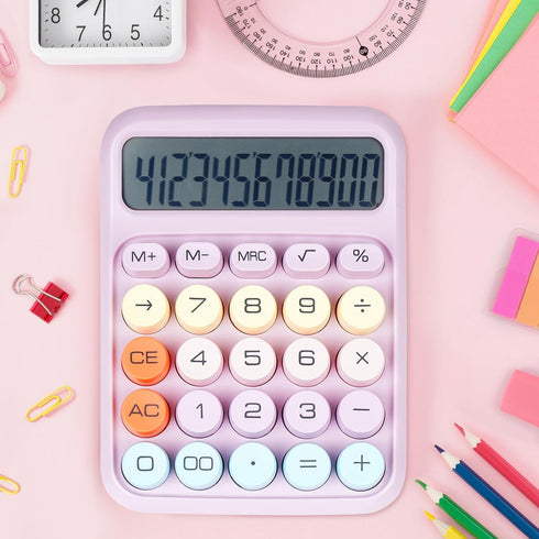 Mechanical Switch Calculator with Big Buttons, 12 Digits, Large LCD Display, Cute Pink Calculator for Office
