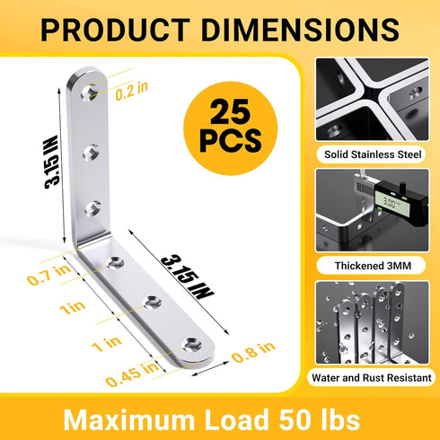 WENQUIT 25Pcs 3x 3 3MM 90 3inch Stainless Steel Angle Brackets, Heavy Duty Corner Brackets,Metal Corner Braces