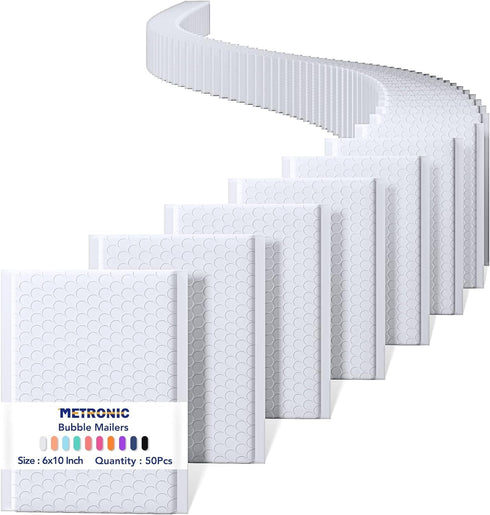 Metronic 6x10 Bubble Mailers 50 Pack, Self-Seal & Waterproof Padded Envelopes for Shipping, White