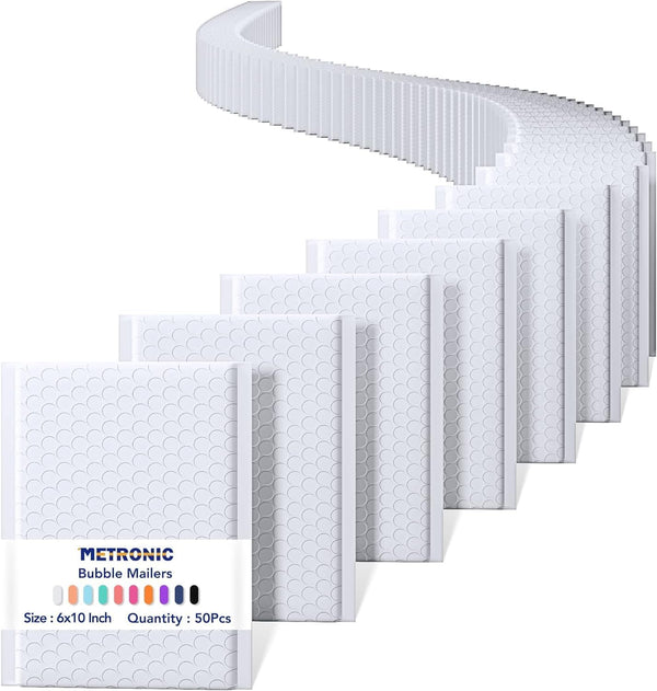 Metronic 6x10 Bubble Mailers 50 Pack, Self-Seal & Waterproof Padded Envelopes for Shipping, White