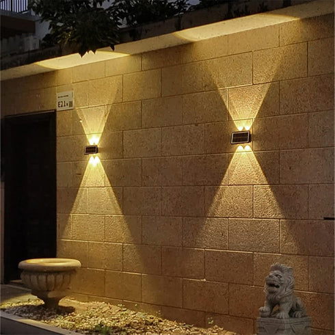 2 Pack, 4 ASLIDECOR Solar Wall Lights Up Down Led Solar Sconce,Waterproof Deck Fence Lighting for House Outdoor Decor