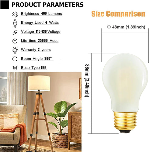DONDDA E26 Bulb A15 Bulb 4W 40 Bulb Dimmable AC120V 3000K E26 Bulbs Bulbs 40 400lm 6Pack Light Light Equal watt Led