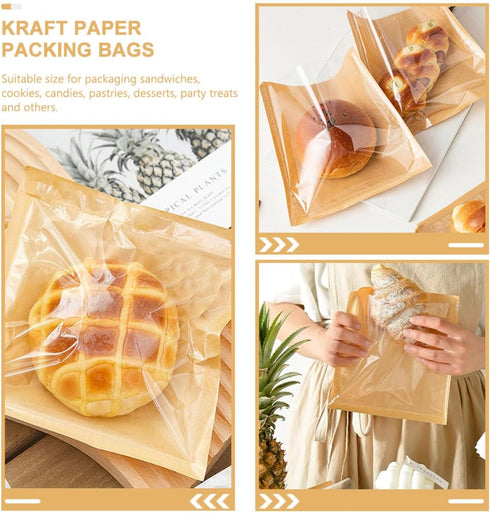 LOPUNER 100pcs 21x25cm Packaging Kraft Paper Bread Bags with Oil-proof Coating for Bakery Sandwich Donuts Cookie