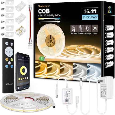 Wefomey COB LED Strip Light White, 16.5ft Dimmable 2700K-6500K High Density 3100LEDs 24V