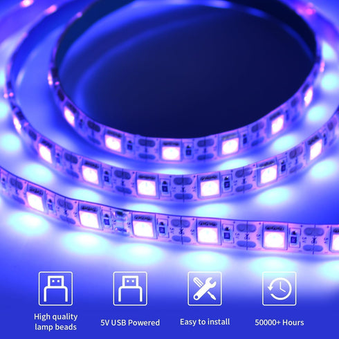 2M/6.6ft 5V SMD5050 395nm-405nm iNextStation USB UV Black LED Light Strip, LEDs Waterproof LED Blacklight Strip