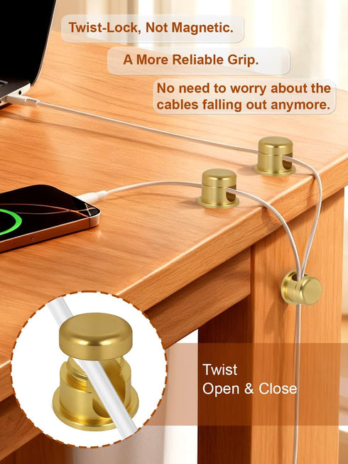 Rkoyes 3 Pack, Wider Base Strong Adhesive Desk Cord Holder Aluminum Gold Screw-top Cord Holder for Nightstand, Cable