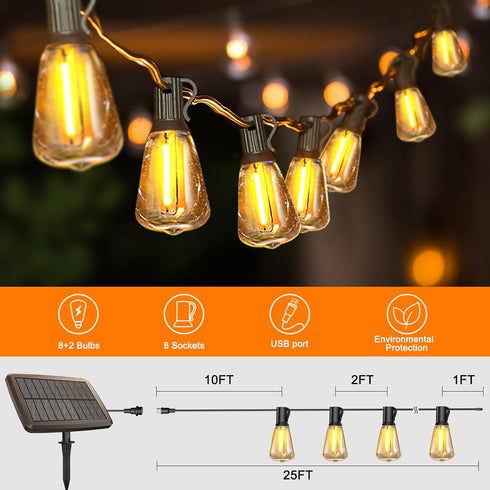 BLIATLUS 25FT 8+2 ST38 Bulbs Solar String Lights Outdoor Waterproof with Remote Control Shatterproof LED for Porch
