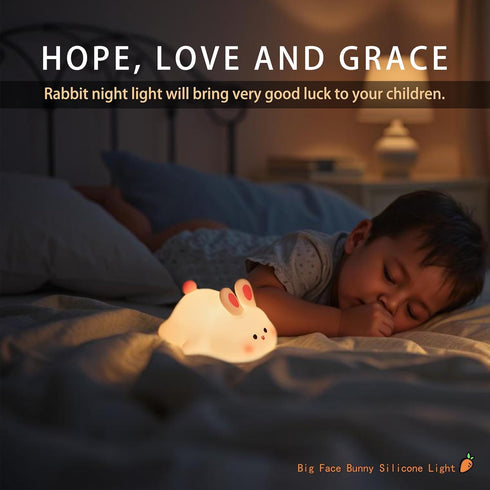 Dimmable 3 Squishy Bunny Night Light for Kids, Cute Big Face Rabbit Silicone Lamp with Timer Brightness, Easter Nursery