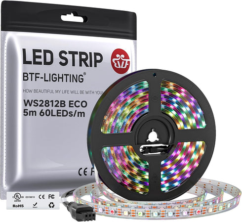 BTF-LIGHTING WS2812B ECO RGB LED Strip,UL Listed,Individually Addressable,16.4FT 60LED/m 300Pixel DC5V 5050SMD,Alloy