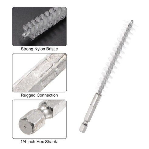 3pcs 12mm Dia Nylon Bore Brush with Handle, 1/4 Inch Hex Shank for Cleaning Tubes, Ports, Bearings