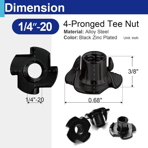 Usdrwam 100 Pack 1/4"-20 4-Prong T Nuts for Wood, Black Carbon Steel Tee Nuts for Furniture, Cabinets, and Rock