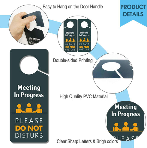 Do Not Disturb Door Hanger Sign, Meeting in Progress, 4 Pack Double Sided 3.5 x 8.7 Inches PVC Plastic for Office,