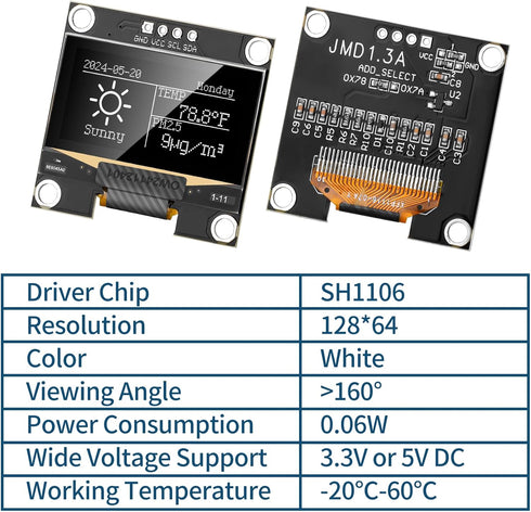 MakerFocus 2pcs 1.3 Inch I2C 128 64 SH1106 Pi/ESP32 IIC OLED Display Module x Pixel Self-Luminous Display Board