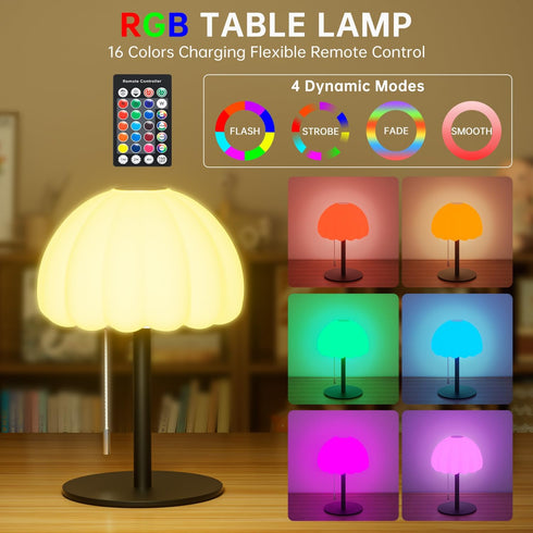 BYSYGLOBE Dimmable 4 Touch Bedside Table lamp, RGB Mode Small Lamp for Bedroom, Pull Chain Table Lamps with Light