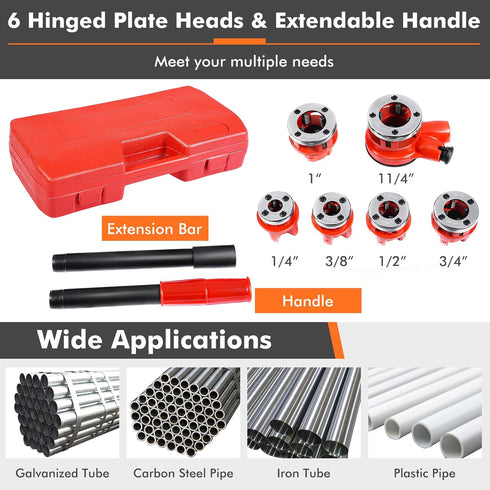 Set 6 1/4", 3/8", 1/2", 3/4", 1", 1-1/4" Goplus Ratchet Pipe Threader Kit, Ratcheting Pipe Threading Tool w/ Dies