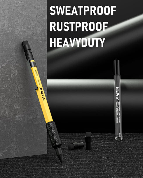Nicpro 1.3 mm Mechanical Pencil Set with 12 Lead Refill, Eraser - Weatherproof Metal MP2000 Heavy Duty Carpenter Pencil for Outdoor Marking Drafting Drawing Sketching Woodworking - with Case by Nicpro