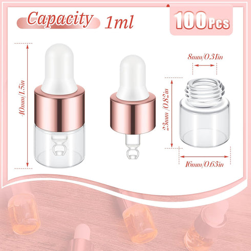 100 Pcs Mini Glass Dropper Bottle Bulk Clear Essential Oil Dropper Bottles Small Glass Dropping Sample Containers Perfume Liquid Cosmetic Sample Vials with Cap for Traveling (Rose Gold,1 ml)