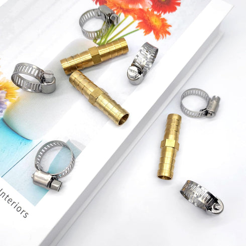 3pcs 3/8"(10mm) Hose Repair Kit Hose Connector Barb Splicer Mender Hose Brass Barb Fitting Watertight Straight Hose Barb Connector with 6pcs Stainless Steel Pipe Clamp for Water/Fuel/Air