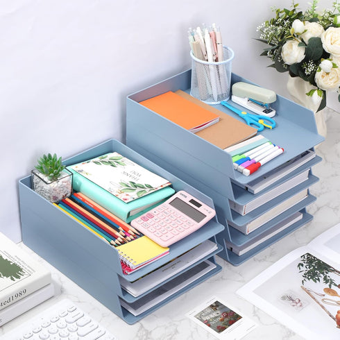 TecUnite 8 Pieces Stackable Blue Letter Trays for Desk, Rectangular Plastic File Organizer for Office Classroom Desktop
