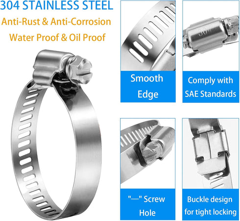 Hose Clamps, 304 Stainless Steel, 10 pcs Pack, SAE 28 Worm Gear Clamps, 1-5/16 Inch-2-1/4 Inch (33-57mm)