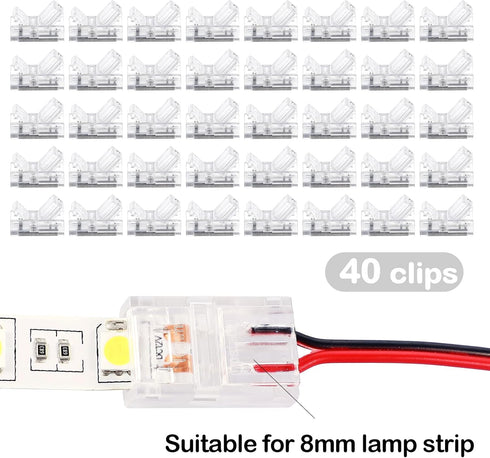 40 Pieces RGB LED Light Strip Connectors Unwired Gapless Solderless Adapter Terminal Extension Waterproof LED Light Adapter Transparent Led Strips Extensions, 5v 12v 24v (2 Pin, 8 mm) by Flutesan