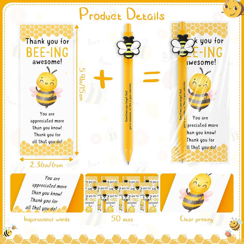 50 Sets (10 Qilery Bee Theme Pen Favor Bulk Thank You for Bee-ing Awesome Employee Volunteer Teacher Nurse Gifts