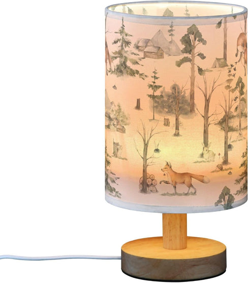 YYZZH Table Lamp Watercolor Woodland Animal Pattern Fox Rabbit Hedgehog Bird Nightstand Lamp with Wood Base Fabric Lamp