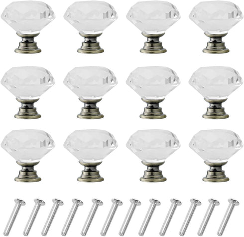YourGift 12 Pack Diamond Shaped Crystal Glass Drawer Knobs, 30mm Cabinet Pull Handles (Bronze)